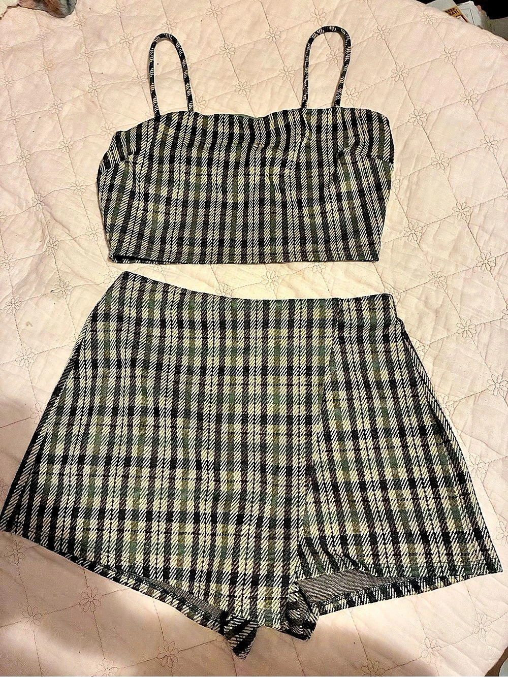 Plaid Crop Top & Skirt Set in Green & Black